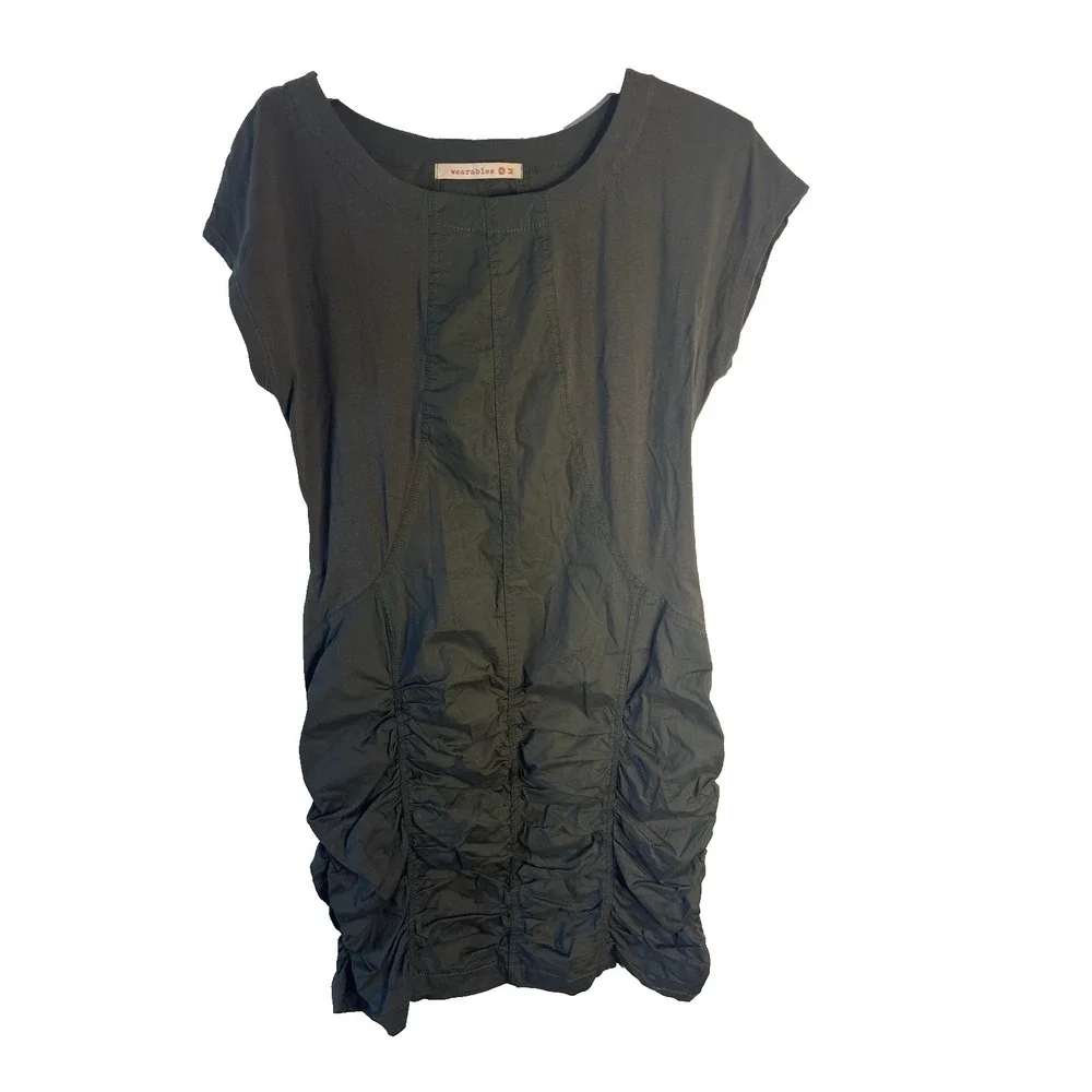 Wearables XCVI Dress Women M Ruched Cotton Stretch Boho Capsule Lagenlook Green